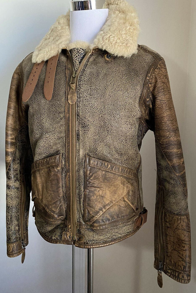 Neu $2498 Ralph Lauren Isländische Bomberjacke aus Leder mit Scherkragen, Braun M