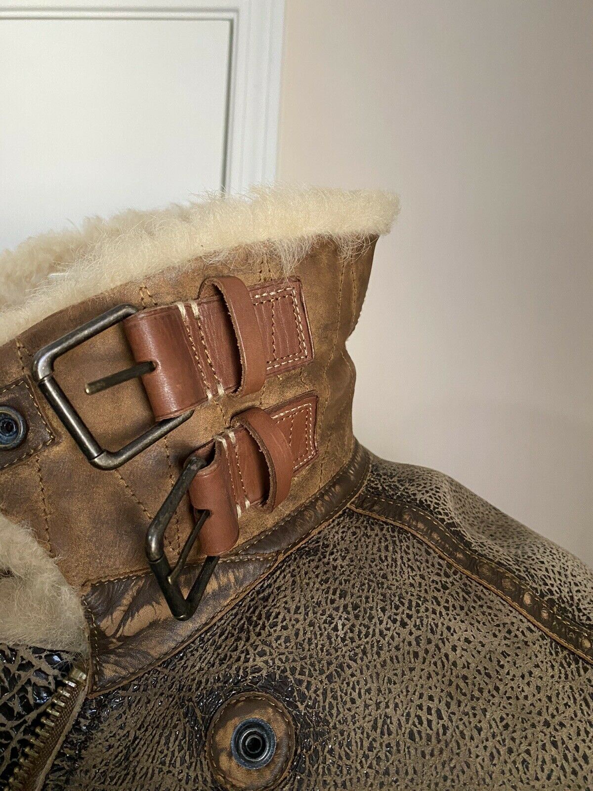 New $2498 Ralph Lauren Icelandic Shearing Collar Leather Bomber Jacket Brown M