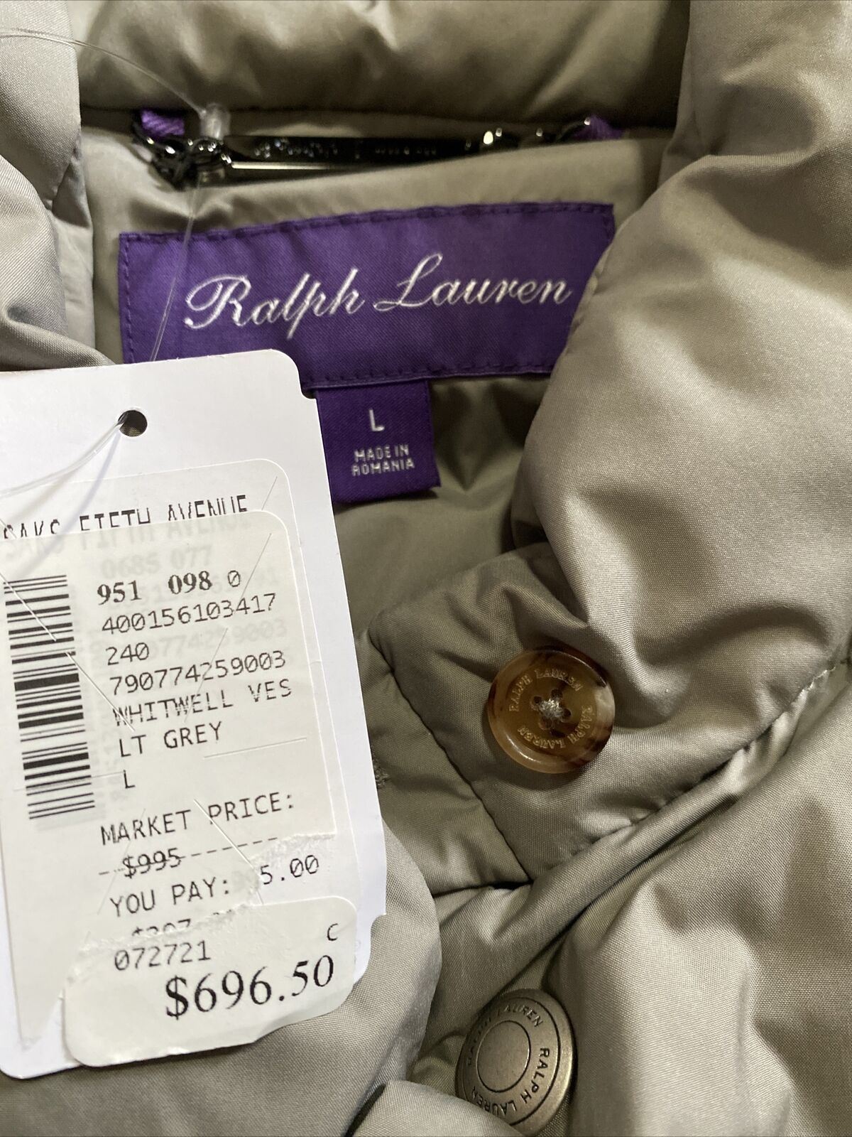 Neu $995 Ralph Lauren Purple Label Men Whitwell Puffer Vest LT Grey L