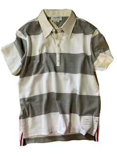 Neu mit Etikett: 560 $ Thom Browne Kurzarm-Rugby-Poloshirt aus Baumwolle Weiß/Grau 2 (M)