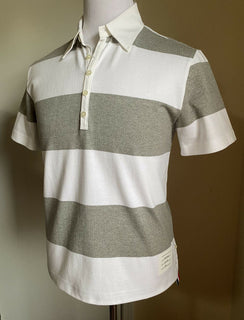 Neu mit Etikett: 560 $ Thom Browne Kurzarm-Rugby-Poloshirt aus Baumwolle Weiß/Grau 2 (M)