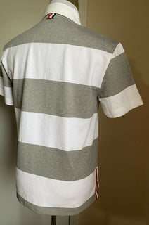 Neu mit Etikett: 560 $ Thom Browne Kurzarm-Rugby-Poloshirt aus Baumwolle Weiß/Grau 2 (M)