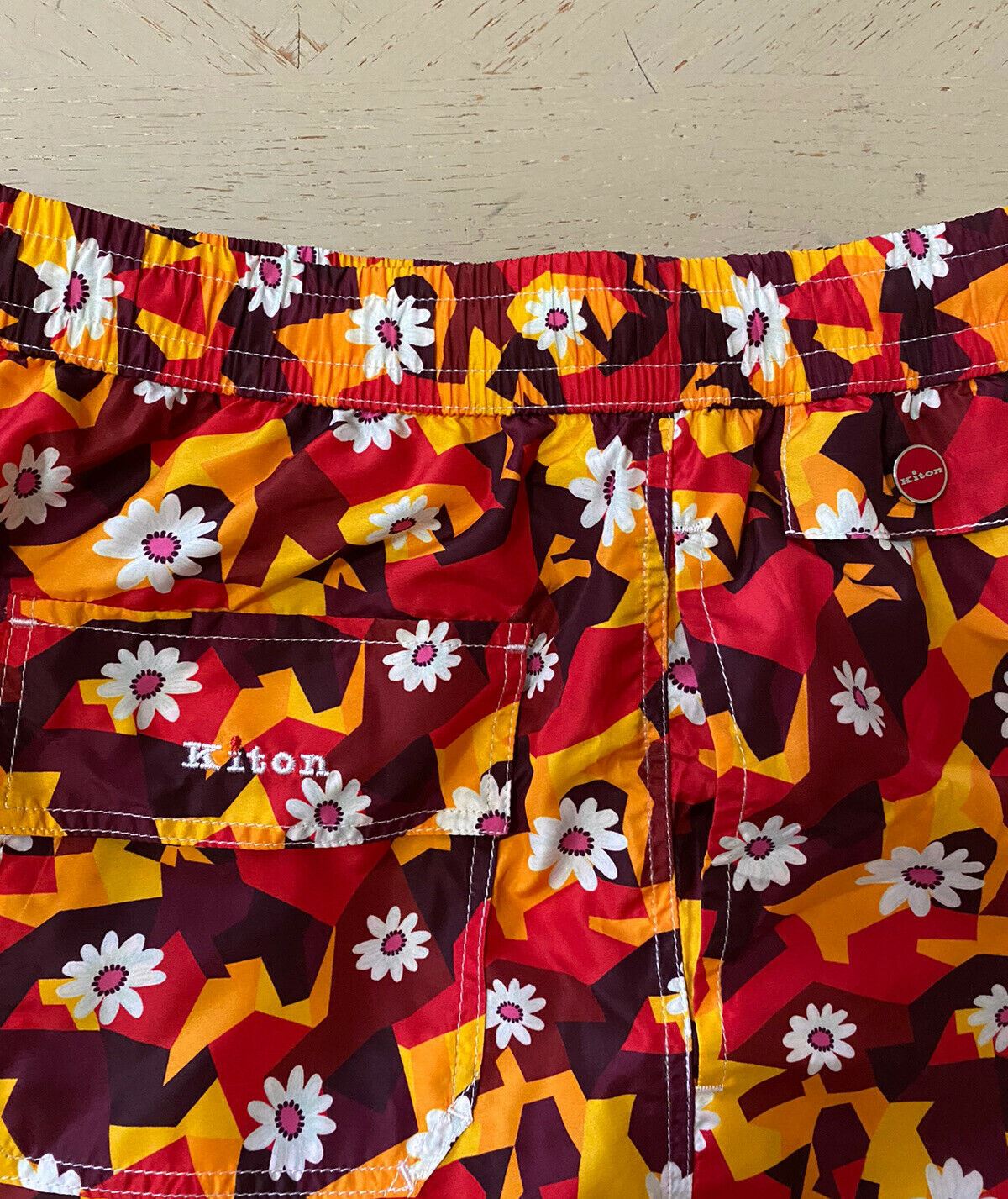 NWT Kiton Mens  Geometric Floral-Print Swim Shorts Orange/Multicolor Size M