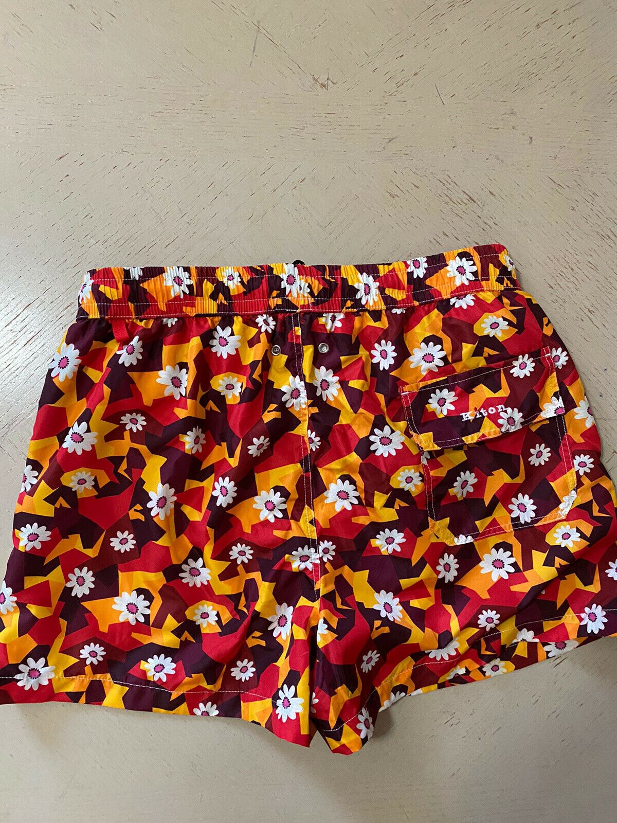 NWT Kiton Mens  Geometric Floral-Print Swim Shorts Orange/Multicolor Size M