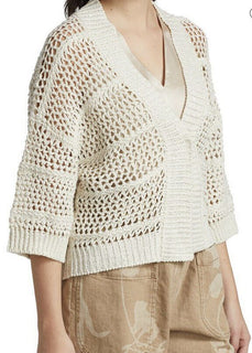 New $2595 Brunello Cucinelli Women Open Weave Cardigan Sweater Color Oatmeal XL