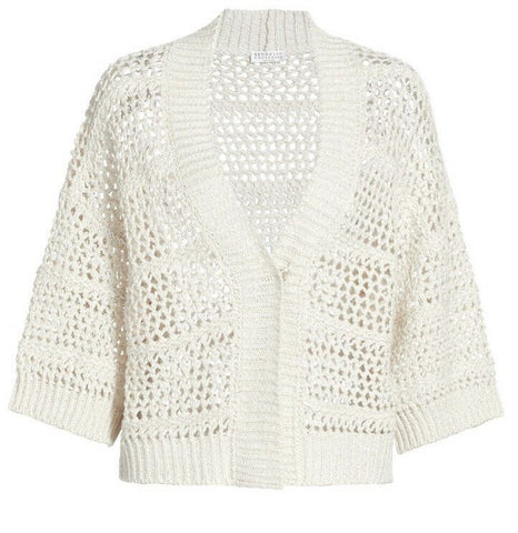 New $2595 Brunello Cucinelli Women Open Weave Cardigan Sweater Color Oatmeal XL