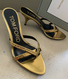 NIB $ 990 Tom Ford Damen Leder-Logo-Tanga-Sandalenschuhe Gold 8 US/38 Eu Italien