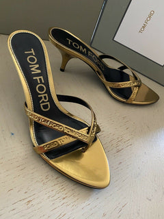 NIB $ 990 Tom Ford Damen Leder-Logo-Tanga-Sandalenschuhe Gold 8 US/38 Eu Italien