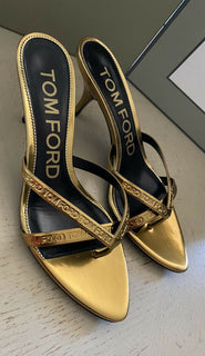 NIB $ 990 Tom Ford Damen Leder-Logo-Tanga-Sandalenschuhe Gold 8 US/38 Eu Italien