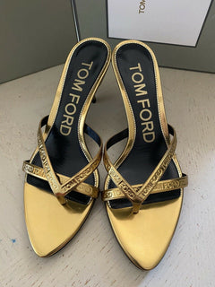 NIB $ 990 Tom Ford Damen Leder-Logo-Tanga-Sandalenschuhe Gold 8 US/38 Eu Italien
