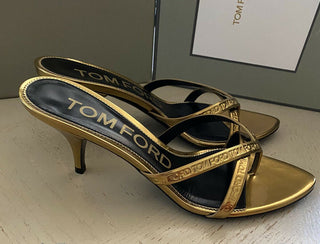 NIB $ 990 Tom Ford Damen Leder-Logo-Tanga-Sandalenschuhe Gold 8 US/38 Eu Italien