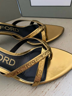 NIB $ 990 Tom Ford Damen Leder-Logo-Tanga-Sandalenschuhe Gold 8 US/38 Eu Italien