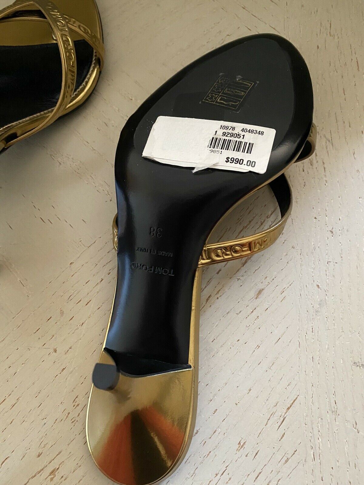 NIB $ 990 Tom Ford Damen Leder-Logo-Tanga-Sandalenschuhe Gold 8 US/38 Eu Italien