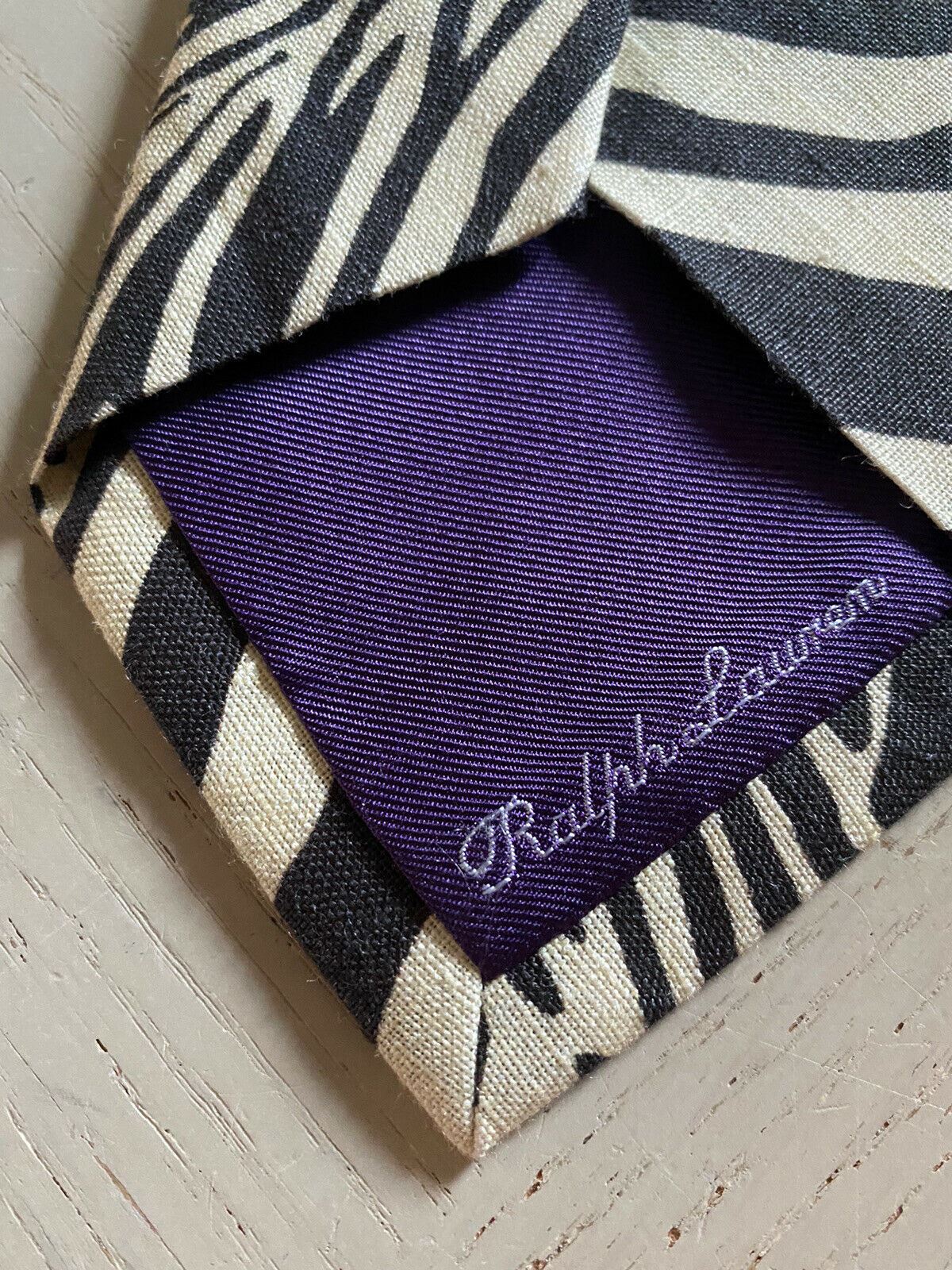 New $199 Ralph Lauren Purple Label Linen Neck Tie Black/White Hand made in Italy