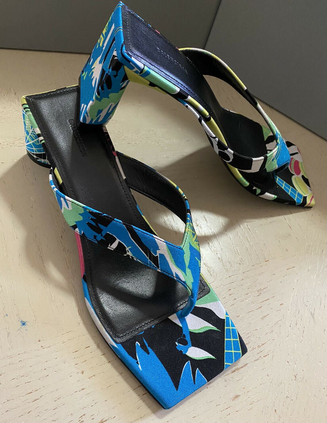 NIB $750 Balenciaga Double Square Print Thong Sandal Shoes Black/Blue 8 US/38Eu