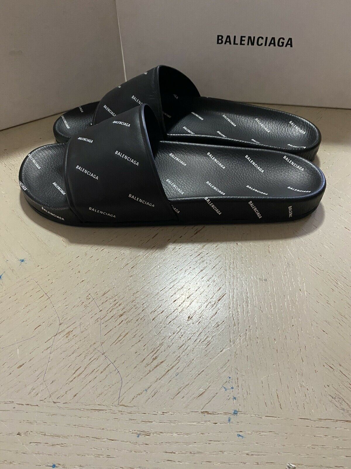 NIB $ 595 Balenciaga Herren Multilogo Slide Sandale Schuhe Schwarz 13 US/46 Eu Italien