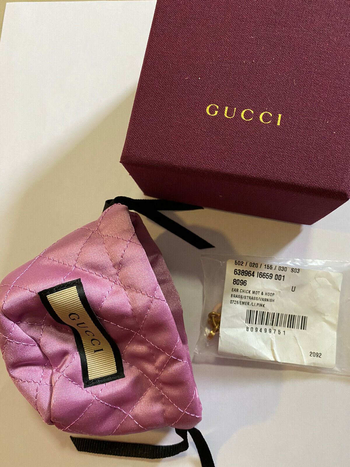 NWB Серьги Gucci Ear Chick Mot&amp;Hoop, латунь/стразы/лак, 850 долларов США, литий-розовый/золотой