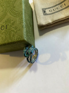 New Authentic GUCCI Silver Snake Ring Green Size 9 US ( 20 ) Italy
