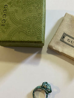 New Authentic GUCCI Silver Snake Ring Green Size 9 US ( 20 ) Italy
