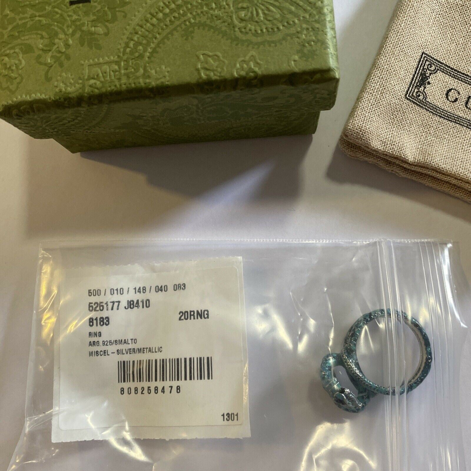 New Authentic GUCCI Silver Snake Ring Green Size 9 US ( 20 ) Italy