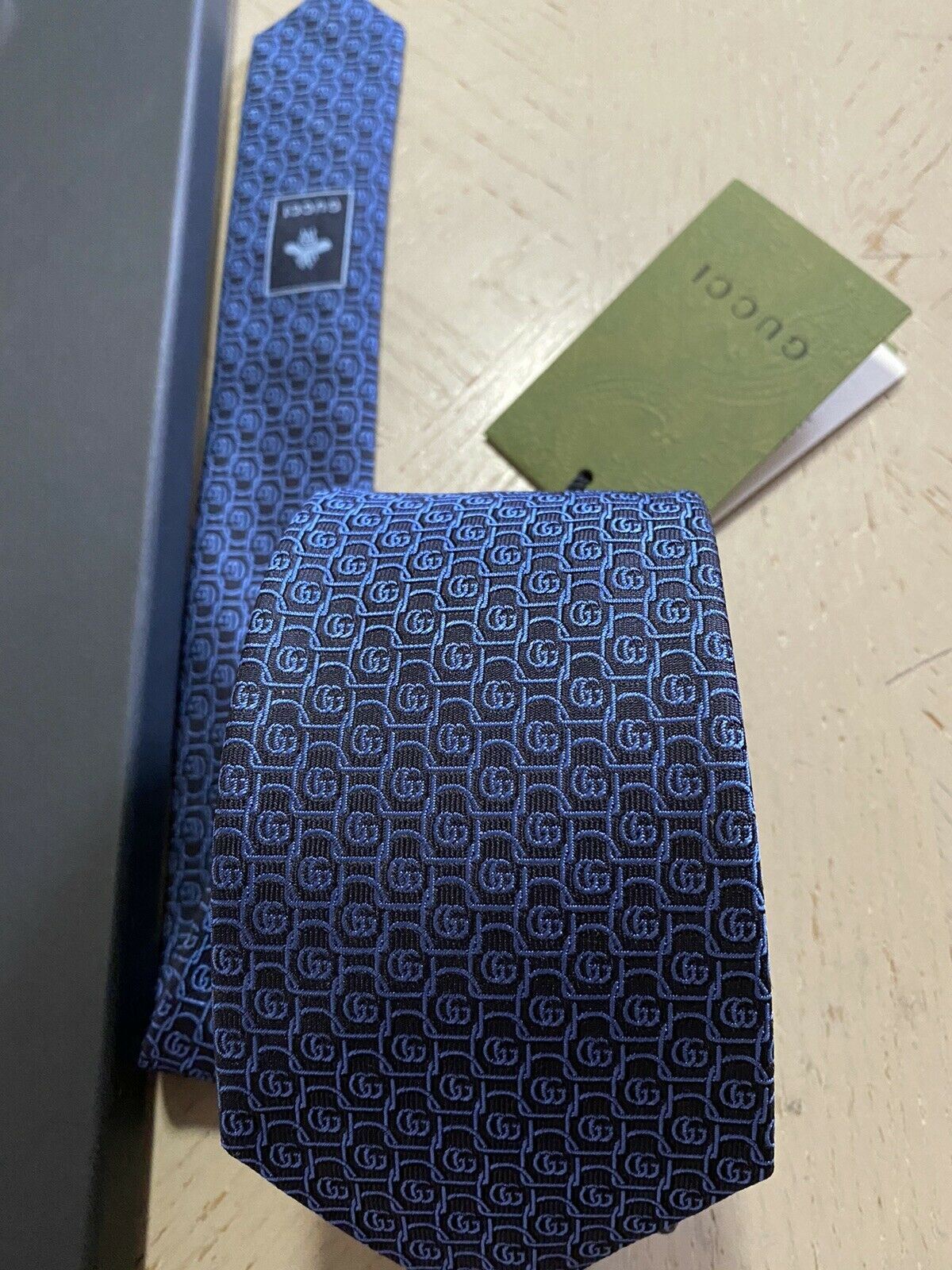 New  Gucci Mens GG Monogram Silk Neck Tie Blue made in Italy