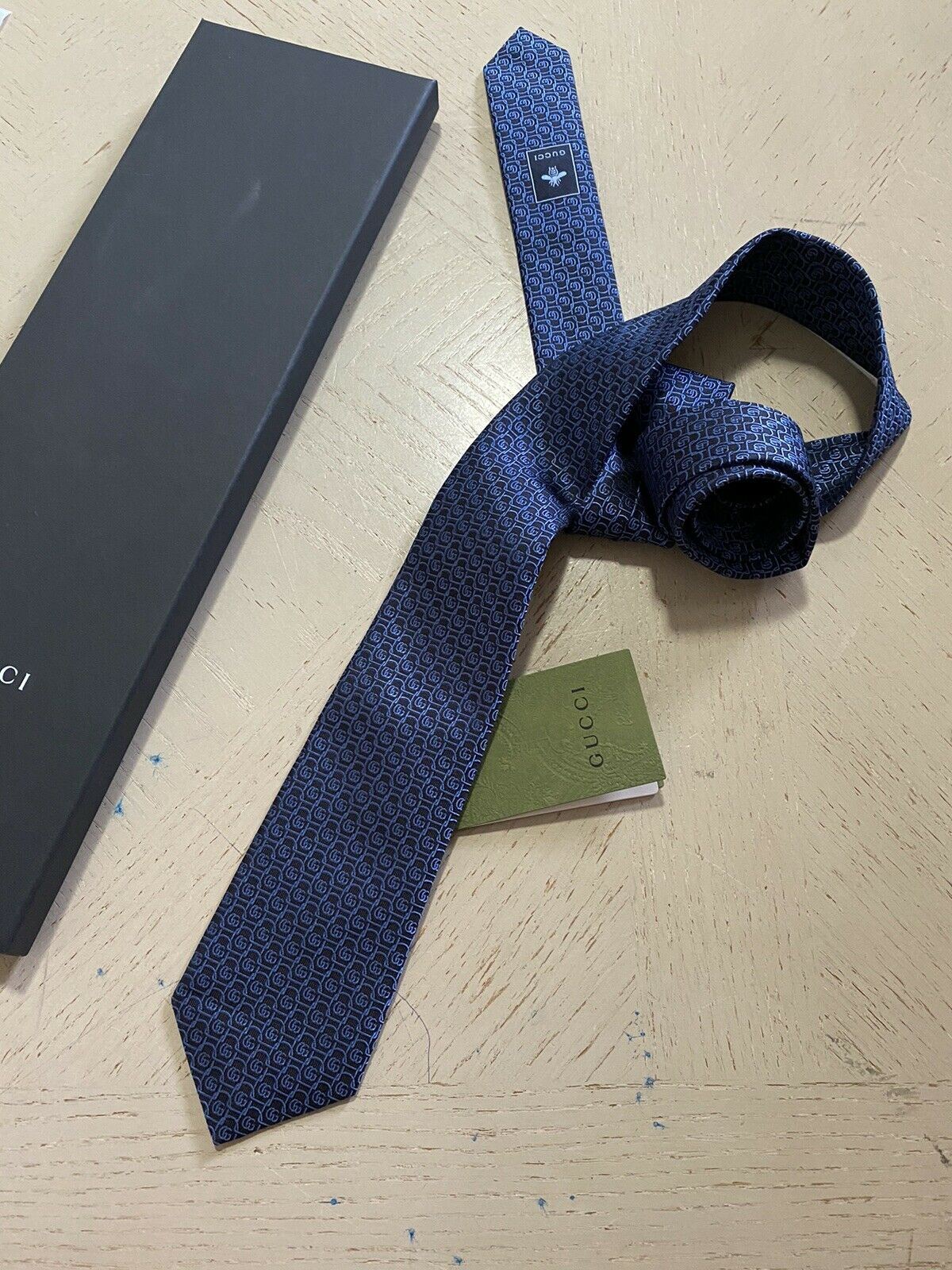 New  Gucci Mens GG Monogram Silk Neck Tie Blue made in Italy