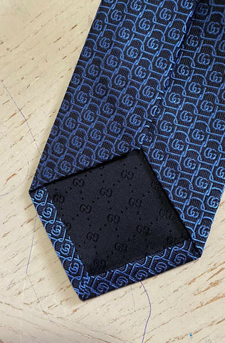 New  Gucci Mens GG Monogram Silk Neck Tie Blue made in Italy