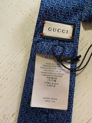 New  Gucci Mens GG Monogram Silk Neck Tie Blue made in Italy