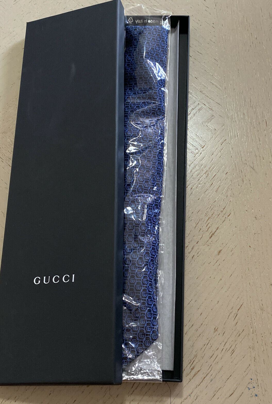 Новый мужской шелковый галстук Gucci GG Monogram синего цвета, сделанный в Италии
