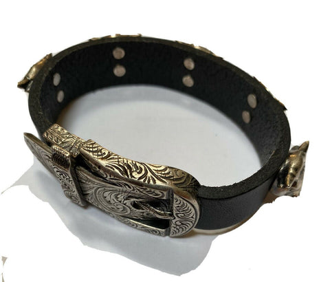 NWT $1050 GUCCI Anger Forest Bull Head Leather Bracelet 925 Silver Black Sz 17