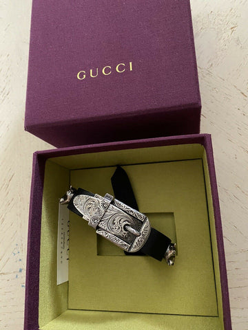 NWT $1050 GUCCI Anger Forest Bull Head Leather Bracelet 925 Silver Black Sz 17