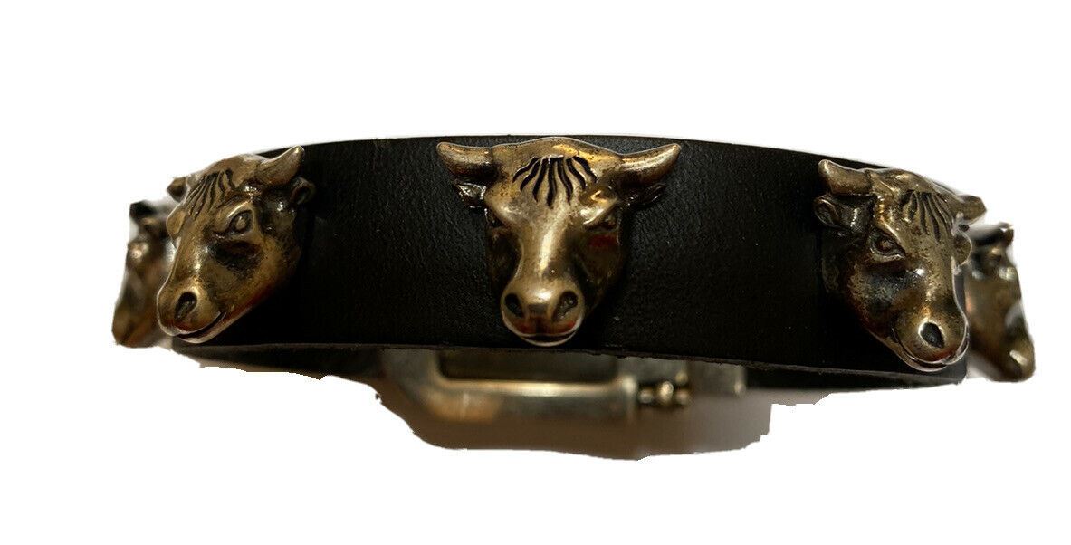 NWT $1050 GUCCI Anger Forest Кожаный браслет с головой быка 925 пробы, серебро, черный, размер 17