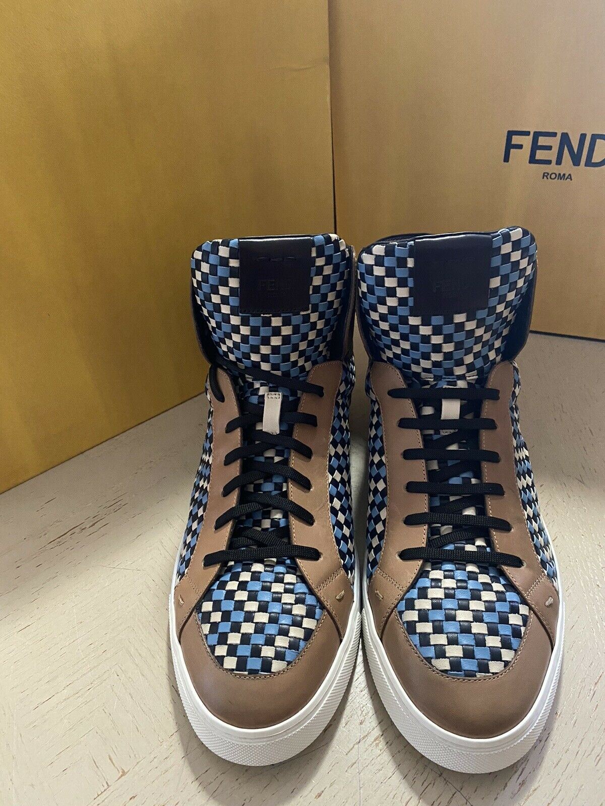 New $1000 Fendi Men Woven Leather High-Top Sneakers Shoes Multicolor 12 US/11 UK