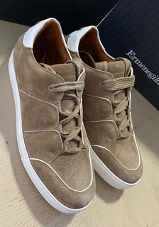 Neue $850 Ermenegildo Zegna Couture Wildleder/Leder Sneakers Schuhe LT Brown 10,5 US