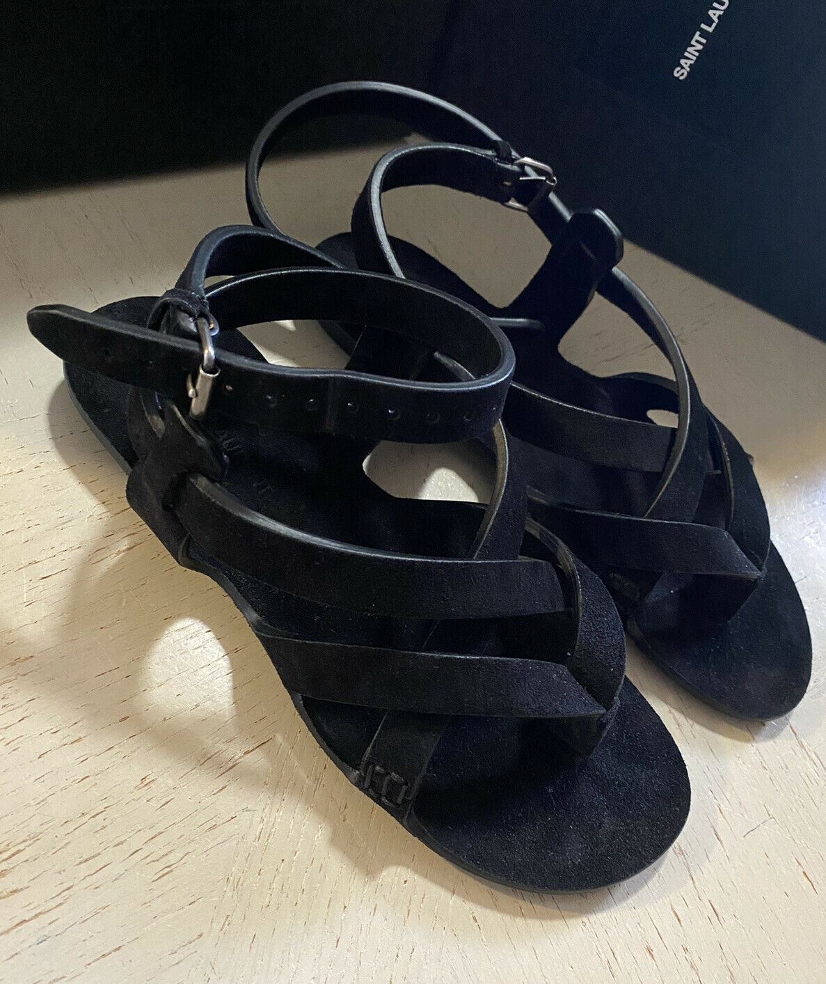 NIB $645 Saint Laurent Suede Sandal Shoes Black 8 US/38 Eu Italy