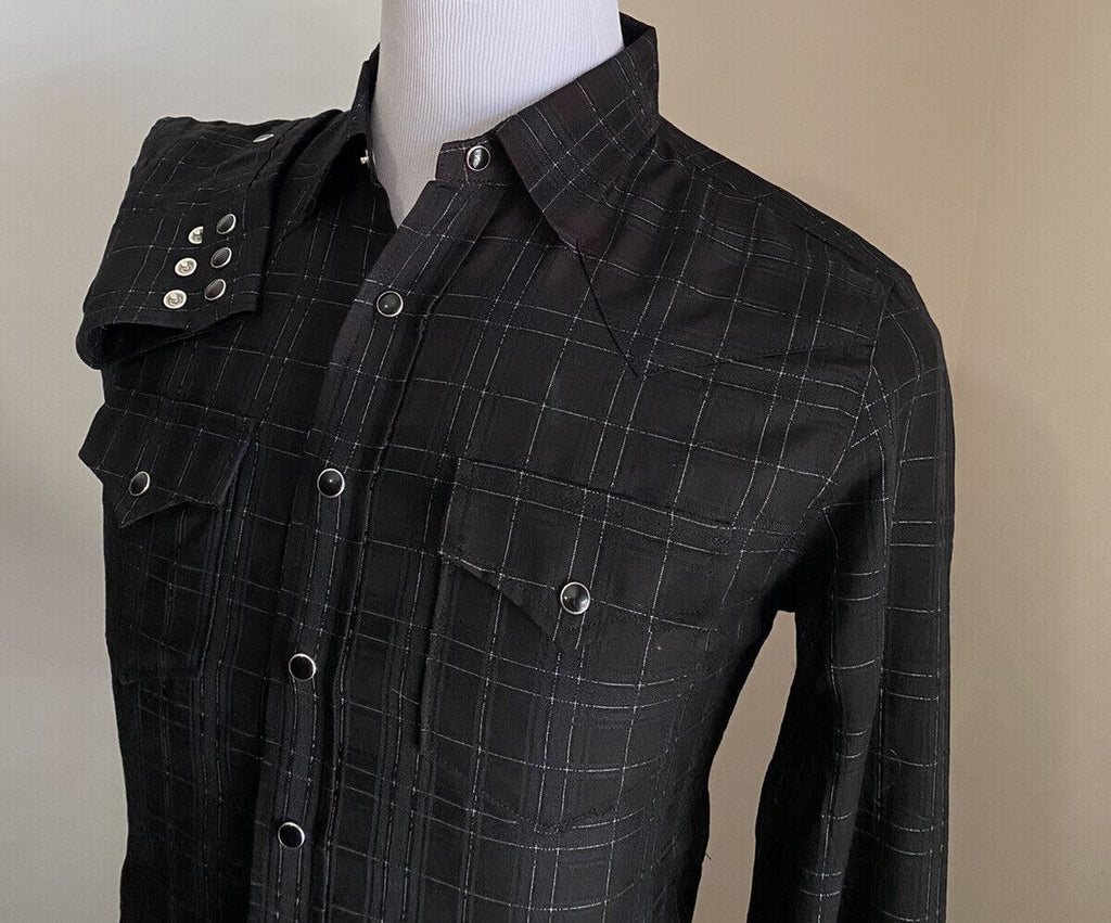 Neu mit Etikett: 850 $ Saint Laurent Slim Fit Westernhemd für Herren in glänzendem Schwarz XL Italien