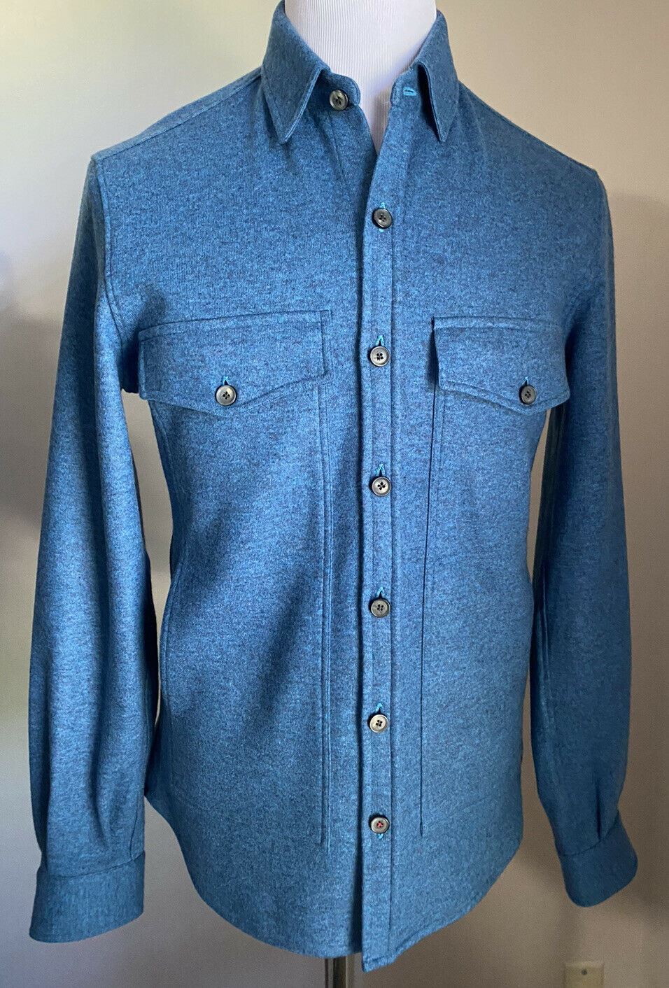 NWT $1750 Isaia Double Faced Cashmere Pullover Shirt Overshirt Teal Size S-M
