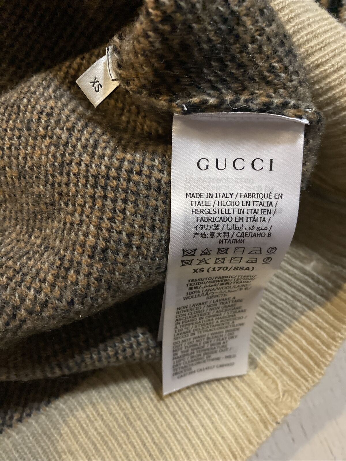 Neu mit Etikett: 1960 $ Gucci Herren Woll-Jacquard-Strickpullover mit Rundhalsausschnitt Kamel/Schwarz XS Italien