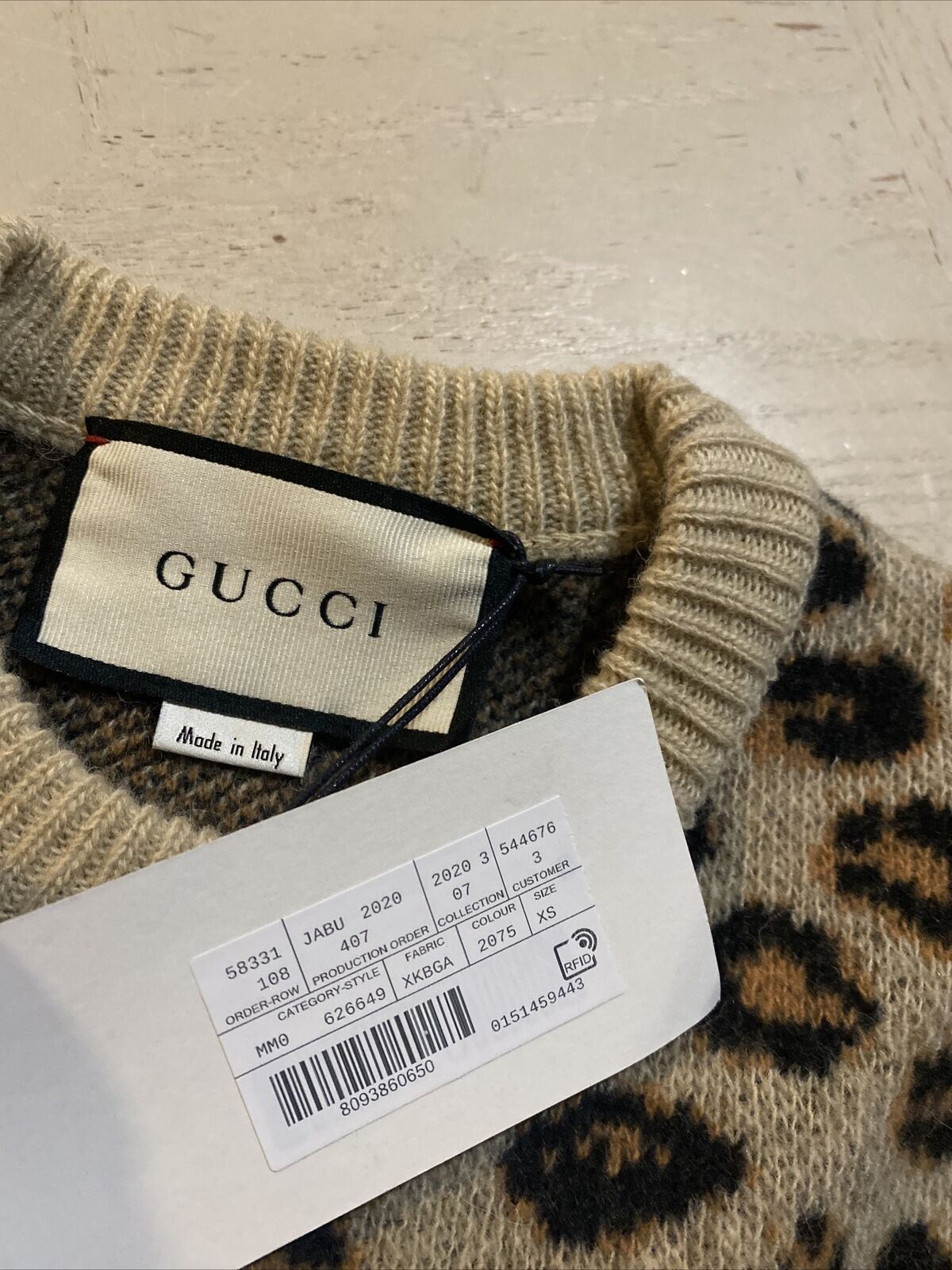 NWT $1960 Gucci Men Wool Jacquard Knit Crewneck Sweater Camel/Black XS Italy