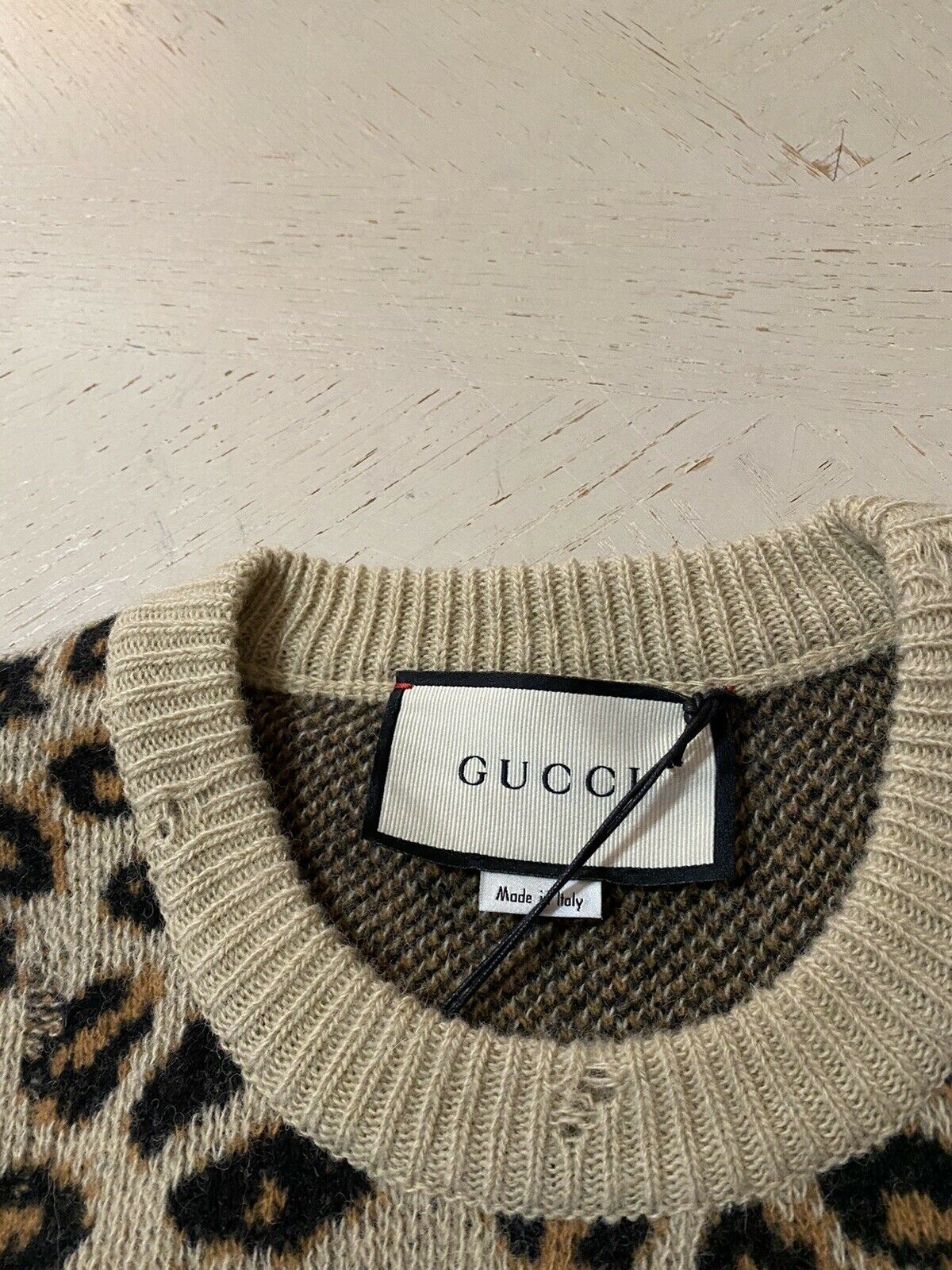 NWT $1960 Gucci Men Wool Jacquard Knit Crewneck Sweater Camel/Black XL Italy