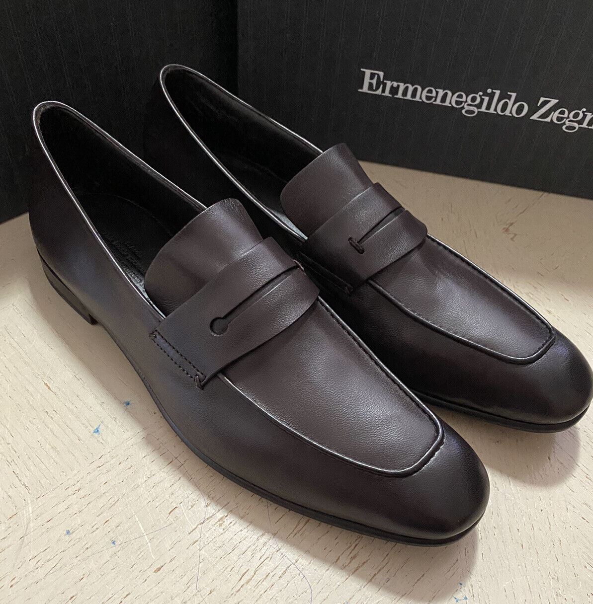 New $775 Ermenegildo Zegna Iconic Moccasin Leather Loafers Shoe DK Brown 10.5 US