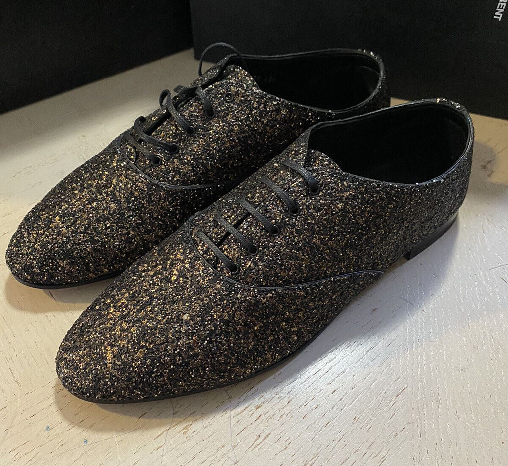 NIB $ 1095 Saint Laurent Herren Glitter Midnight Lederschuhe Schwarz/Gold 10,5 US/