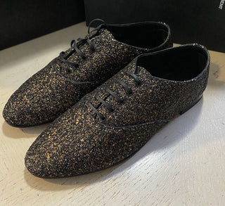 NIB $ 1095 Saint Laurent Herren Glitter Midnight Lederschuhe Schwarz/Gold 10,5 US/