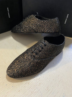 NIB $ 1095 Saint Laurent Herren Glitter Midnight Lederschuhe Schwarz/Gold 10,5 US/
