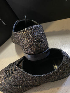 NIB $ 1095 Saint Laurent Herren Glitter Midnight Lederschuhe Schwarz/Gold 10,5 US/
