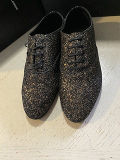 NIB $ 1095 Saint Laurent Herren Glitter Midnight Lederschuhe Schwarz/Gold 10,5 US/