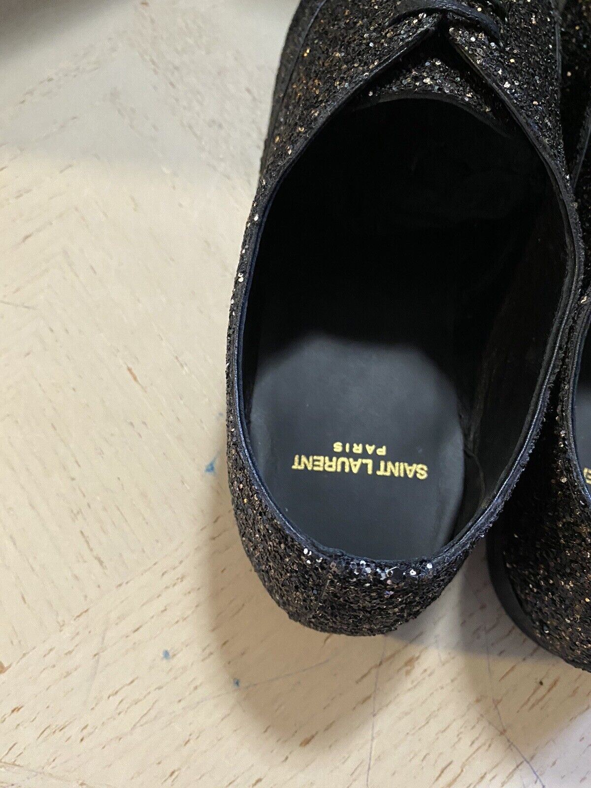 NIB $1095 Saint Laurent Men Glitter Midnight Leather Shoes Black/Gold 10.5 US/