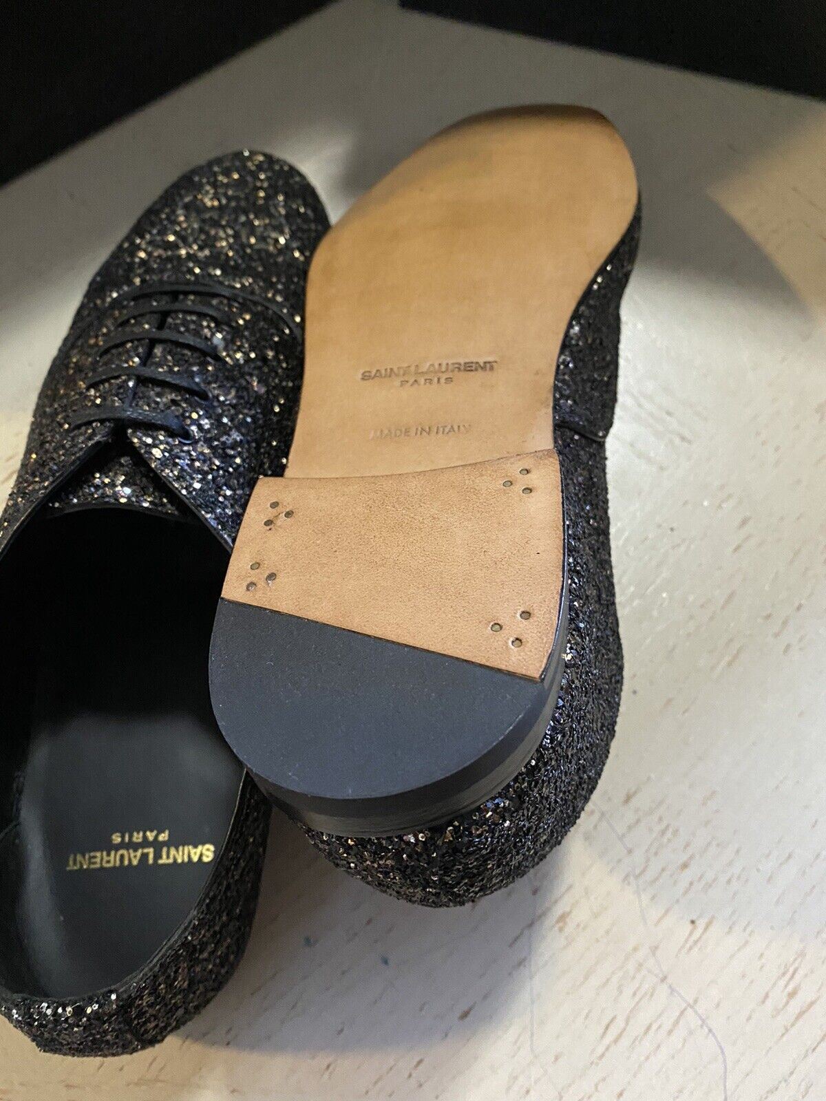NIB $1095 Saint Laurent Мужские кожаные туфли с блестками Midnight черного/золотого цвета 10,5 США/