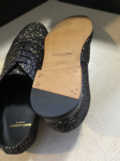 NIB $ 1095 Saint Laurent Herren Glitter Midnight Lederschuhe Schwarz/Gold 10,5 US/