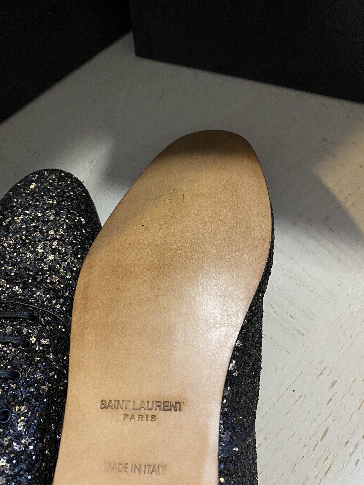NIB $1095 Saint Laurent Мужские кожаные туфли с блестками Midnight черного/золотого цвета 10,5 США/